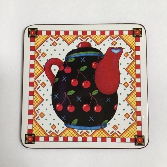 Mary Engelbreit Teapot Coasters Cork Back 4” Square Box SET OF 6 Vintage Cottage - Picture 11 of 16